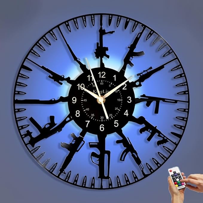 Guns LED Vinyl Record Wall Clock, 12 Inch 7-Color Night Lamp Firearms Decoration Home Theme Clock, Black Wall Decor for Kid's Room/Game Room/Living Room, A Gift for Boy/Boyfriend/Husband/Friend