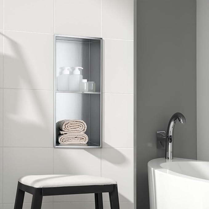 SaniteModar Shower Niche, Stainless Steel Shower Niche 12" X 24" No Tile Needed, Recessed for Bathroom Storage, Brushed Silver Double (Brushed Silver, 12x24,Double)