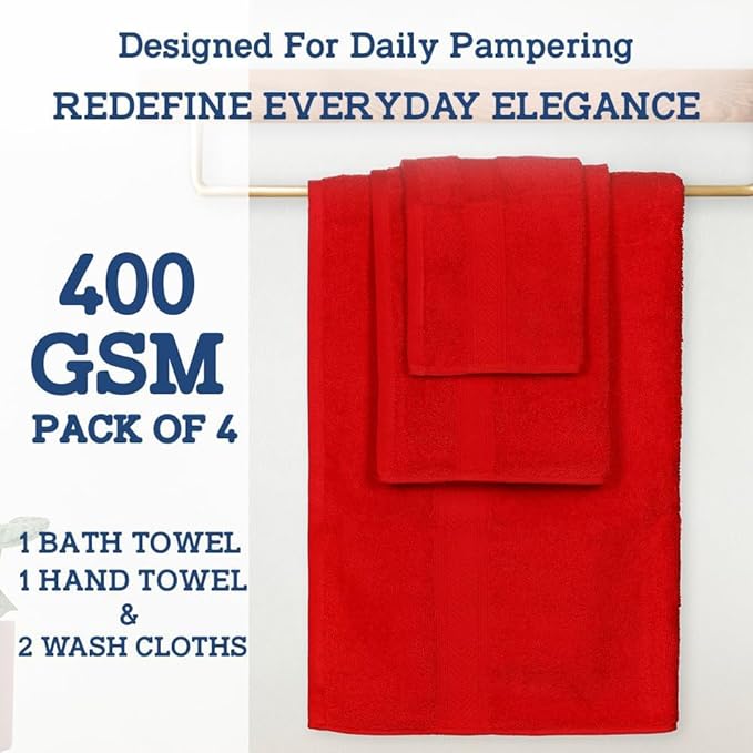 Casa Lino 4 Piece Bath Towel Set | 1 Bath Towel, 2 Wash Cloth, 1 Hand Towels | Bathroom Essentials for New Home, 100% Cotton Luxury Towels, Highly Absorbent Bathroom Set, Red