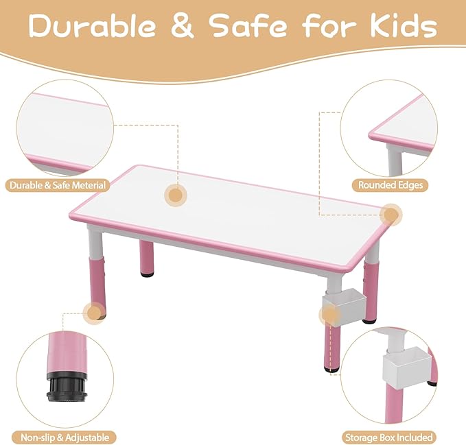 GarveeHome Kids Table and 6 Chairs Set, Height Adjustable Toddler Table and Chair Set, Graffiti Desktop, Children Study Play Dinner Table for Home Daycare Preschool for Ages 2-8, Pink
