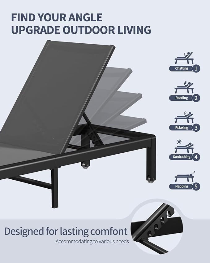 Aluminum Lounge Chairs Outdoor Chaise Furniture,2 Sets Patio Metal Deck Lounger Adjustable 5-Position Poolside Chase Recliner with Wheels for Beach,Coffee Table, (Gray, 2 Chairs)