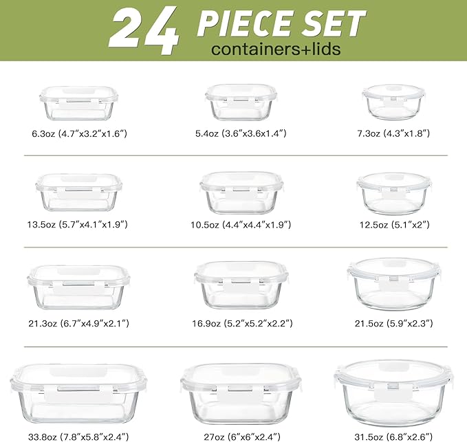 BAYZZ 24 Piece Glass Food Storage Containers with Lids, Airtight Glass Meal Prep Containers for Kitchen, BPA-Free Lunch Box, Microwave and Freezer Safe,White