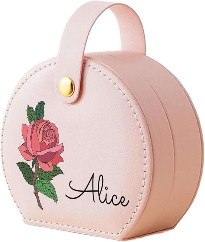 Personalized Travel Jewelry Case, Custom Leather Customized Jewelry Organizer Box w/Name & Birth Flower Month - Birthday Gifts for Women Mom Jewelry Travel Case