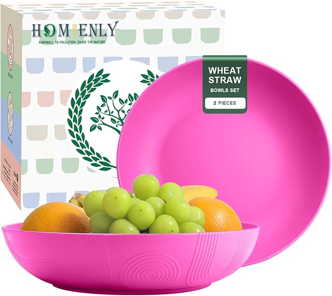 Homienly Wheat Straw Large Salad Bowls, 60 OZ Large Serving Bowls for Kitchen, Camping, Party, Microwave and Dishwasher Safe, Unbreakable Lightweight Big Bowls for Fruit, Salad (Pink)