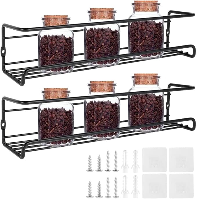 Spice Rack Organiser Hanging Spice Shelves Carbon Steel Wall Mount Spice Rack Kitchen Storage Racks Storage Spices and Condiments Spice Jars for Kitchen Cabinet Cupboard Pantry Door (6)