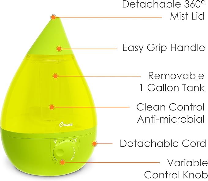 Crane Drop Ultrasonic Cool Mist Humidifier, 1 Gallon Teardrop with Auto Shutoff for Baby Nursery, Bedroom, Office, Plants, Green
