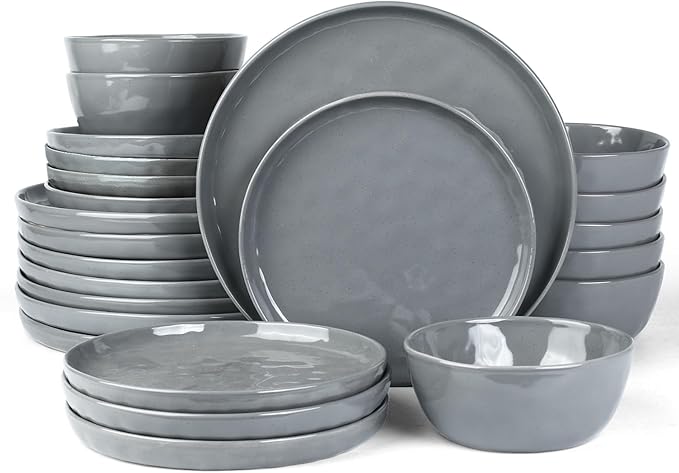 Famiware Mars Plates and Bowls Set, 24 Pieces Dinnerware Sets, Dishes Set for 8, Dark Gray