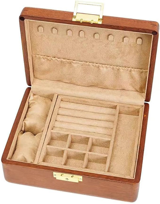 Bescott 2 Layer Solid Wooden Jewelry Box with Lock and Key for Women Men Vintage Velvet Wood Jewelry Organizer Storage for Earrings Rings Necklaces Bracelet Watch Mother’s Day Gift