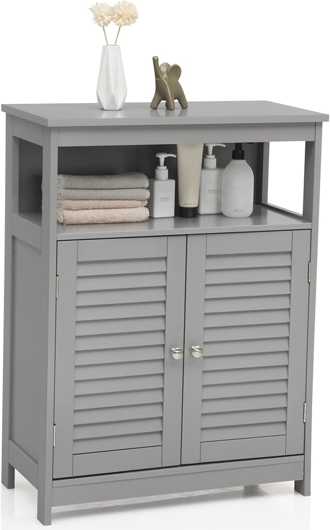 GLACER Bathroom Floor Cabinet, Wooden Storage Cabinet with Double Shutter Doors & 3-Position Adjustable Shelf, Side Storage Organizer Cabinet, 23.5 x 12 x 31.5 inches (Grey)