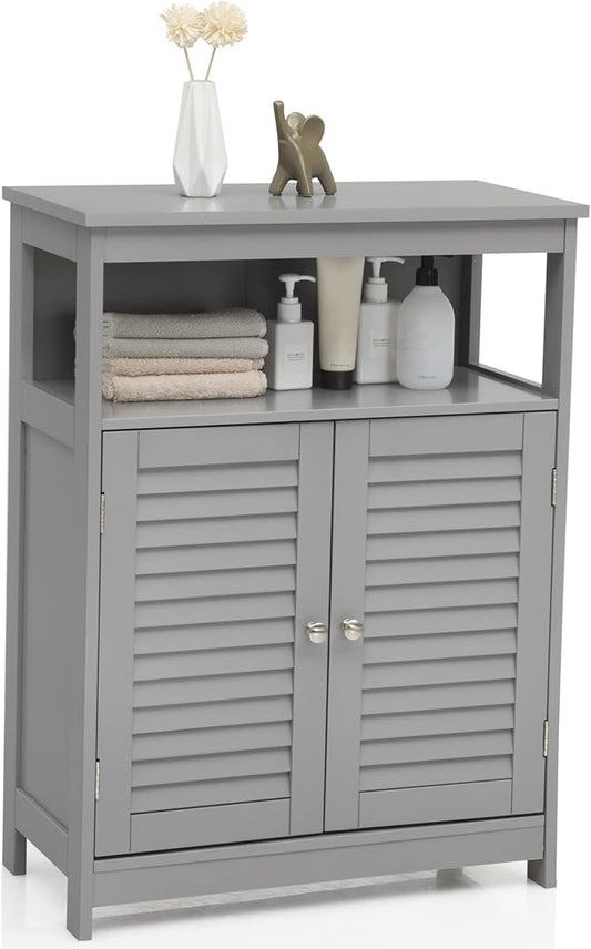 GLACER Bathroom Floor Cabinet, Wooden Storage Cabinet with Double Shutter Doors & 3-Position Adjustable Shelf, Side Storage Organizer Cabinet, 23.5 x 12 x 31.5 inches (Grey)