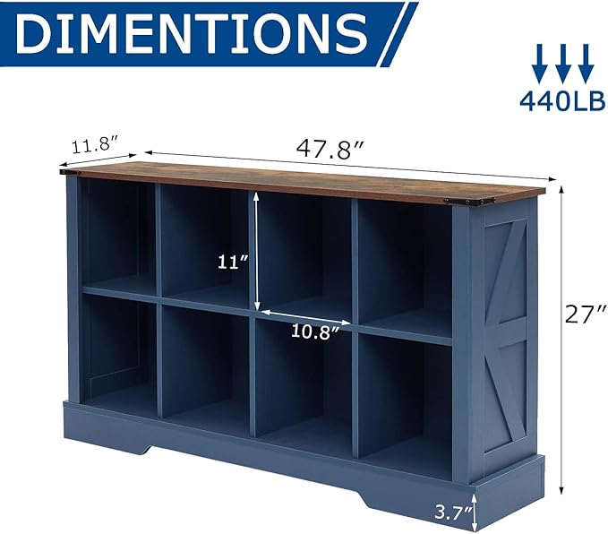8 Cube Storage Organizer, 2 Tier Bookshelf for Living Room, Farmhouse Bookcase with Led, Kids Toy Storage Cabinet, Wall Cubby Shelves for Home Decor, Wood Display Cabinet for Bedroom, Blue