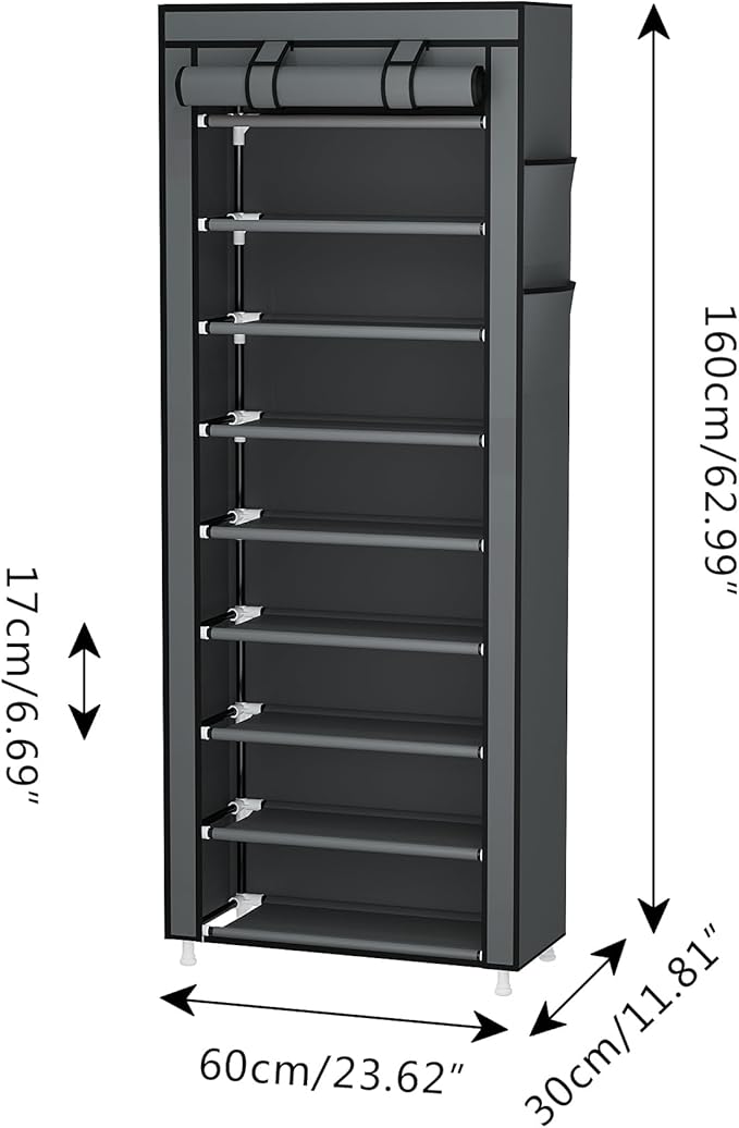 Calmootey 9 Tier Shoe Rack Organizer,Portable Shoe Shelf with Nonwoven Fabric Cover for Closet Hallway,Bedroom,Entryway,Grey