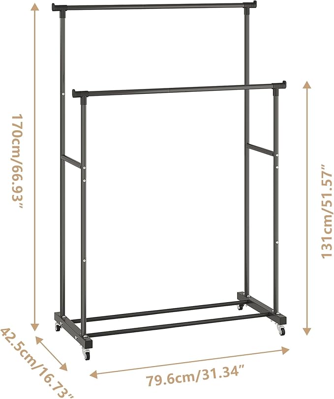 Calmootey Double Rods Clothes Garment Rack, Rolling Clothing Rack for Hanging Clothes, Coat Storage, Organizer for Bedroom, Livingroom, Apartments, Black