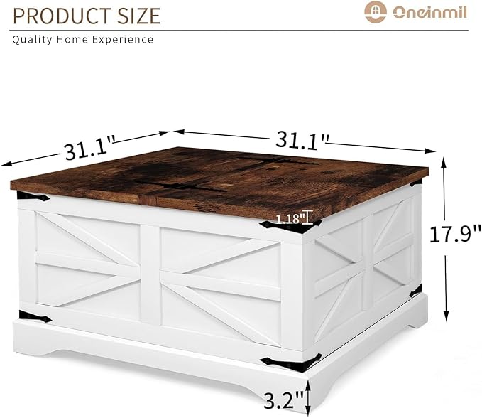 oneinmil Farmhouse Coffee Table with Storage Organizer, Square Coffee Tables with Large Storage Space, Center Table for Living Room, Bedroom, Home Office, White