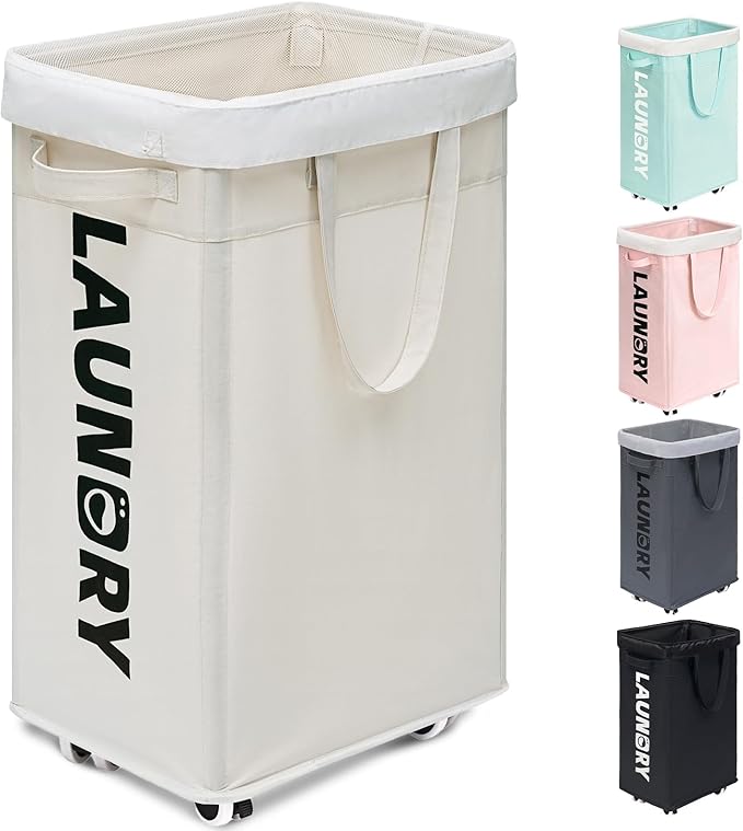 Goodpick Laundry Hamper with Wheels, 75L College Dorm Room Essentials, Clothes Hamper with Removable Wash Bag for Bedroom, Large Laundry Basket with Handle, White