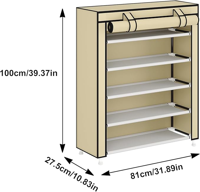 Laiensia 5-Tier Vertical Shoe Rack Organizer, Space Saving Shoe Storage Organizer, Non-Woven Cover Shoe Shelf Holds 20-25Pairs for Bedroom, Hallway, Closet Entryway, Beige