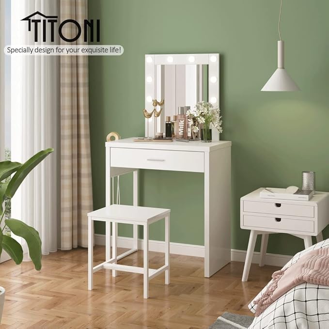 Makeup Vanity Desk with Mirror and Lights, Small Vanity Table and Chair Set,White Makeup Table with 10 LED Lights,Dressing Table for Bedroom,27.6in(L)