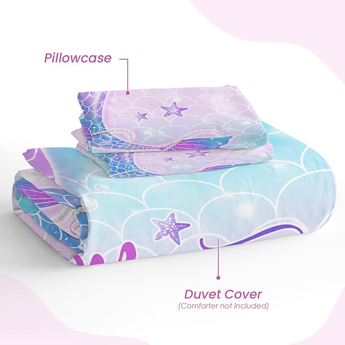SANDJEST Mermaid Duvet Cover Sets Full Size for Kids Girls, Incude 1 Polyester Comforter Cover 80x90 Inches and 2 Pillowcases 20x26 Inches, Comforter Not Included, Gift for Christmas Birthday