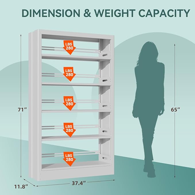 71" Metal Book Shelf,5 Tier Bookshelf with Adjustable Shelves,White Bookshleves and Bookcases,Heavy Duty Library Book Case,Modern Open Bookshelf for Living Room,Bedroom,Office (White)