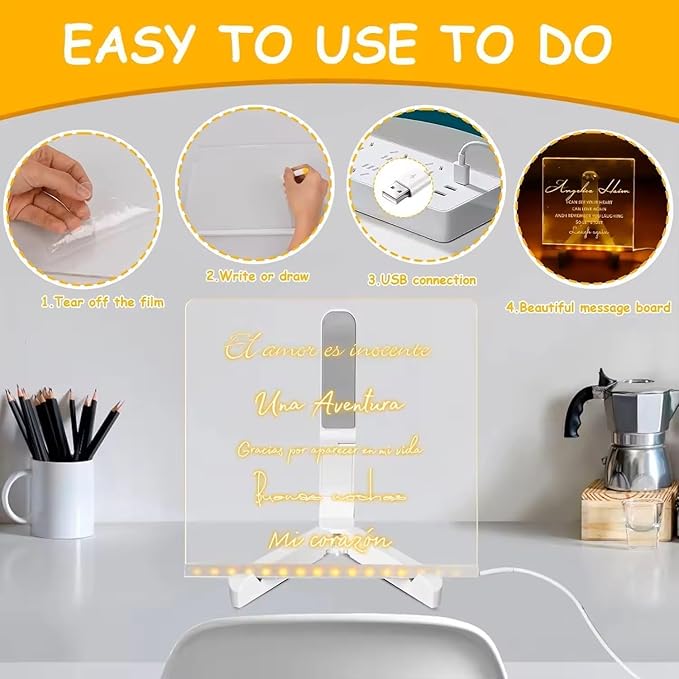 LED Note Board with Colors, Acrylic Dry Erase Board with Light and 7 Colorful Pens, Light up Dry Erase Board with Stand for Family/Office/School/bar/Cafe (7.9 X 7.9”)