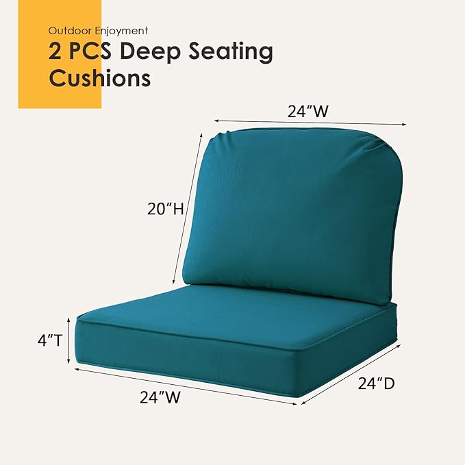 Outdoor Sunbrella Cushions for Patio Furniture Set of 2, 24"x24" Water Repellent Chair Cushions Removable Seat Bottom & Back Cushion Covers for Chair, Sofa, Couch, Spectrum Peacock