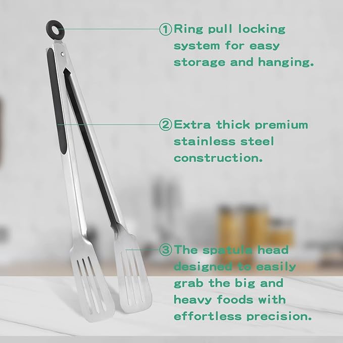 Metal Tongs for Cooking, Set of 2 Stainless Steel Spatula Tongs for Grilling, Cooking and Flipping, Strong Grip for Ribs, Steak and Fish, Comfortable Grip, Easy Pull Lock, 9 inch & 12 inch