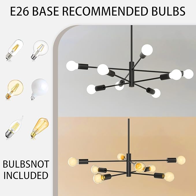 Modern Chandelier Ceiling Light Fixture, 53InchH Sputnik Chandeliers for Dining Room Hanging Light Fixtures Over Table Height Adjustable for Bedroom Kitchen Island Foyer 8-Light Black