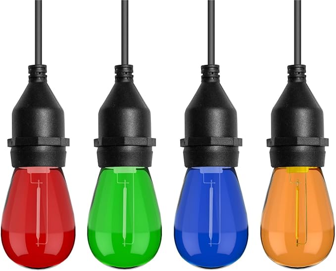 S14 Colored LED String Light Bulbs, 1 Watt Plastic Shatterproof LED Replacement Bulbs for Indoor Outdoor Patio String Light, E26 Medium Base, Multi-Color: Red/Green/Blue/Orange