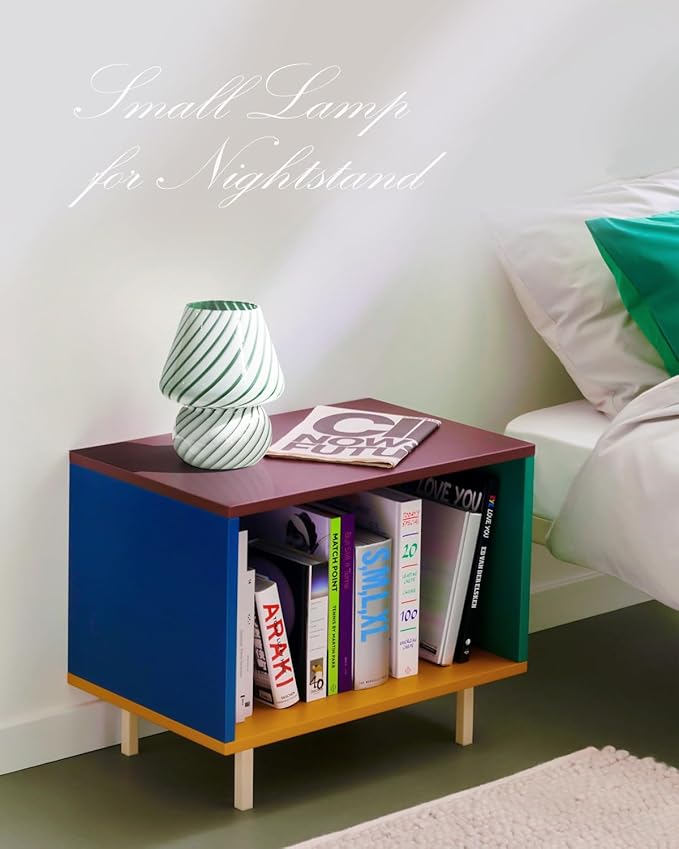 ONEWISH Mushroom Lamps Set of 2 - Small Table Lamp with Striped Glass, Nightstand Lamp for Bedroom, Living Room, Cafe, Office, Bulb Included, for Birthday Christmas Thanksgiving Day, Sage Green