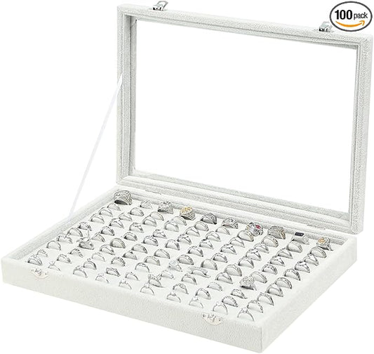 Coward Ring Organizer Jewelry Tray Box, Grey Beige Velvet 100 Slots Ring Display Tray Case with Transparent Glass Lid for Home Use or Store Selling Show