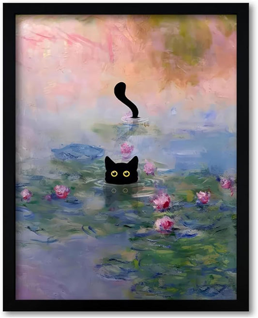 Krtoni Framed Funny Black Cat Canvas Wall Art, Black Cat in the Pink Water Lily Wall Decor, Vintage Preppy Aesthetic Animal Posters Prints for Living Room Bedroom Bathroom Decor 10''L x 8''W