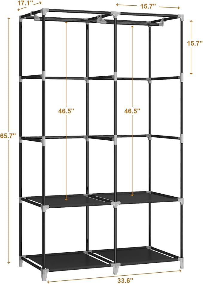 Portable Closet Wardrobe for Small Room, 35-Inch Clothing Organizer Storage Rack with 2 Clothes Hanging Rods and 4 Shelves, Non-Woven Fabric Cover, Grey