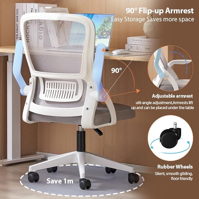 Office Chair, Ergonomic Desk Breathable Mesh Swivel Chair with Flip-Up Arms and Lumbar Support Computer for Home Office