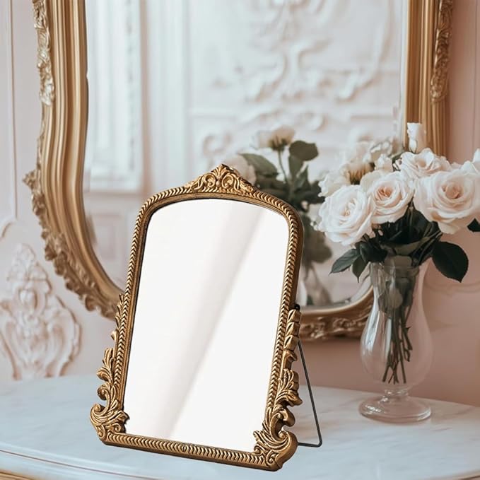 Small Antique Gold Arched Table Mirror - Vintage Vanity Makeup Mirror, Traditional Baroque Style Decor for Bedroom, Living Room, Tabletop 11.8" x 9.6"