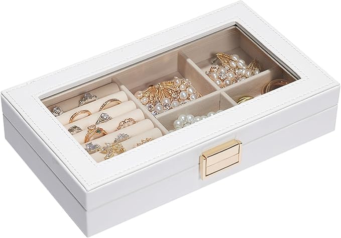 Homde Jewelry Tray Stackable Jewelry Box with Glass Lid, Removable Dividers for Vanity Table Gift Idea for Girls and Women (White)