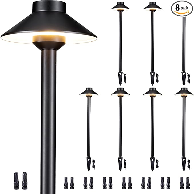 Brass Low Voltage Path Lights - 12V LED Landscaping Pathway Lamp IP65 Waterproof, Wired Walkway Lighting Outdoor, Mushroom-top Black for Lawn Backyard Garden G4 Bulb Not Included (8 Pack)