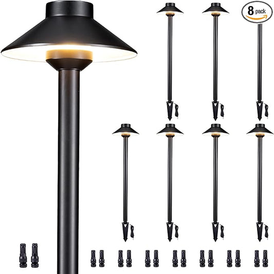 Brass Low Voltage Path Lights - 12V LED Landscaping Pathway Lamp IP65 Waterproof, Wired Walkway Lighting Outdoor, Mushroom-top Black for Lawn Backyard Garden G4 Bulb Not Included (8 Pack)