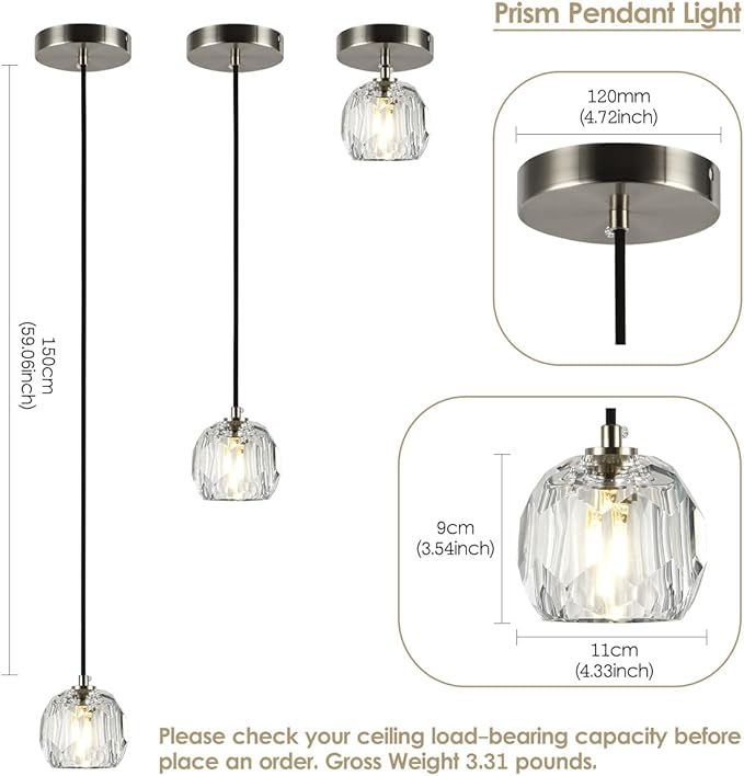 Brushed Nickel Pendant Light, Small Island Pendant Light Fixture for Kitchen, Modern Prism Crystal Single Pendant Hanging Light for Dining Room Bar