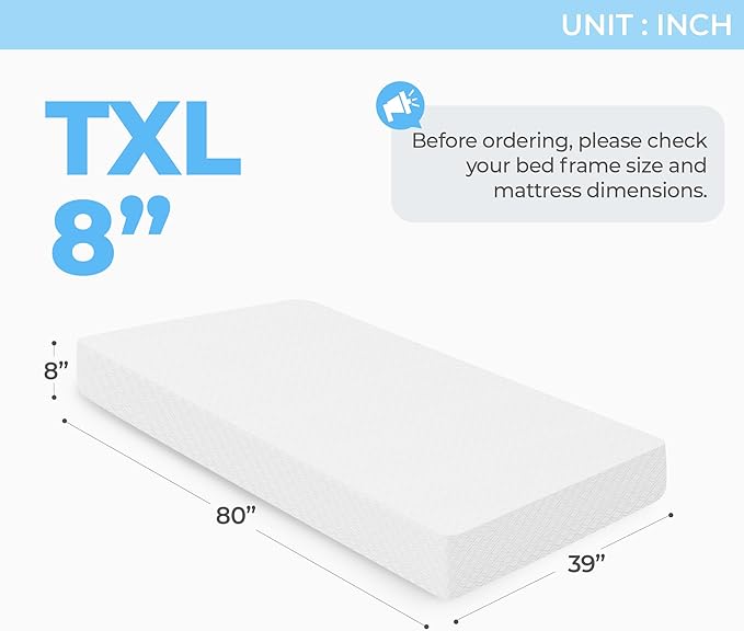 Neo Sleep 8 Inch Twin XL Cooling Gel Memory Foam Mattress Medium Firm CertiPUR-US Certified Foam, Mattress in a Box Enhanced Pressure Relief Removable Soft Cover No Fiberglass (Twin XL, 8 in)