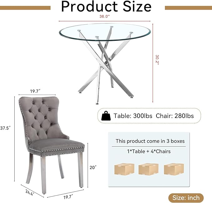 Goujxcy 5 Piece Round Glass Dining Table Set for 4, 36" Round Dining Table & Chair Set Modern Circle Glass Kitchen Table and 4 Velvet Upholstered Chairs for Kitchen Dining (Silver Table & Grey Chair)