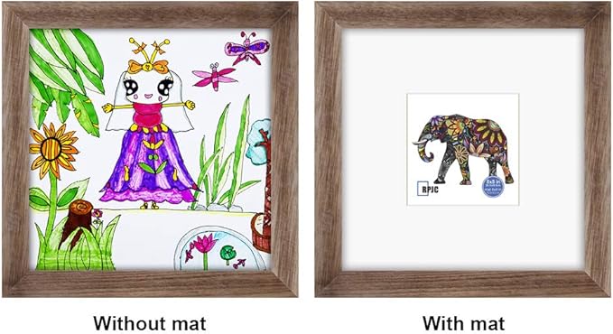 RPJC 8x8 Soild Wood Picture Frame with High Definition Glass Display Pictures 4x4 with Mat or 8x8 Without Mat for Wall Mounting Hanging Carbonized