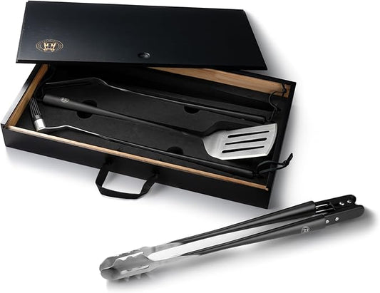 Schmidt Brothers - BBQ Carbon 6, 4-Piece Grilling Accessory Set, Full-Forged Stainless Steel Grilling Utensils Including Spatula, Fork, Basting Brush, and Tongs with All Wood Handles