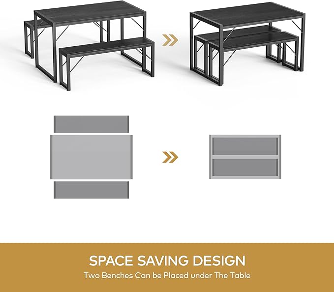 Gizoon 45.5" Dining Table Set for 4 with 2 Benches, Kitchen Table Set with Metal Frame & MDF Board, Space-Saving Dinette for Kitchen, Dining Room -Black