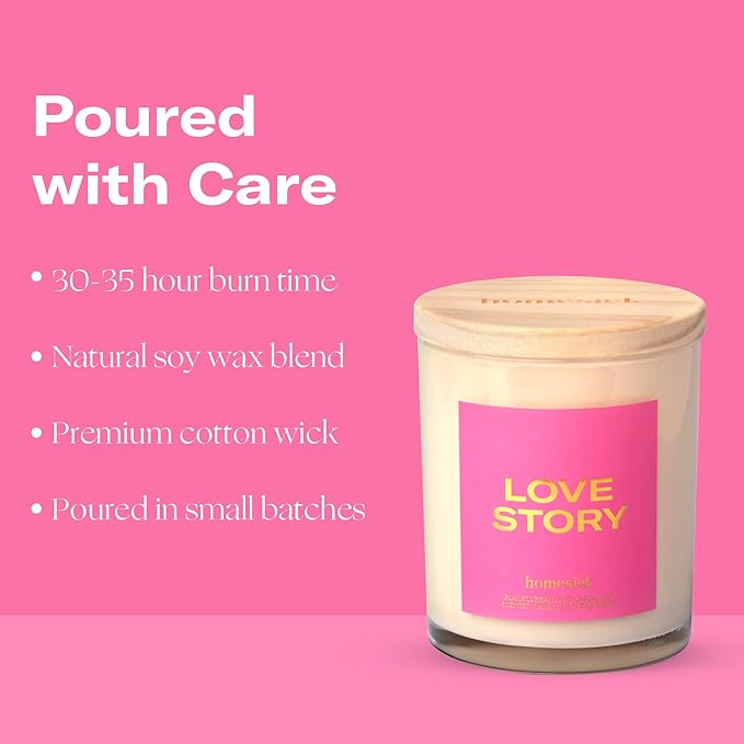 Homesick Scented Candles for Home (Love Story) - 7.5 oz Long-Lasting Natural Soy Wax Blend Jar Candle Gift for Women & Men for All Occasions, 30-35 Hours Burn Time - Notes of Blackcurrant & Cardamom