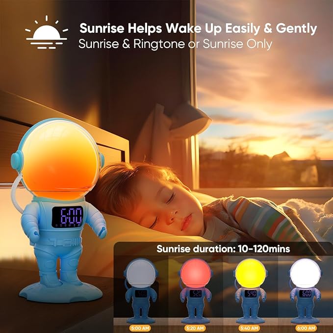 Astronaut Sunrise Alarm Clock for Kids, White Noise Sound Machine with 30 Soothing Sounds, 22 Dimmable Nightlights, Bluetooth Speaker, Dual Digital Alarm Clocks, Wake Up Light for Bedroom, Adults