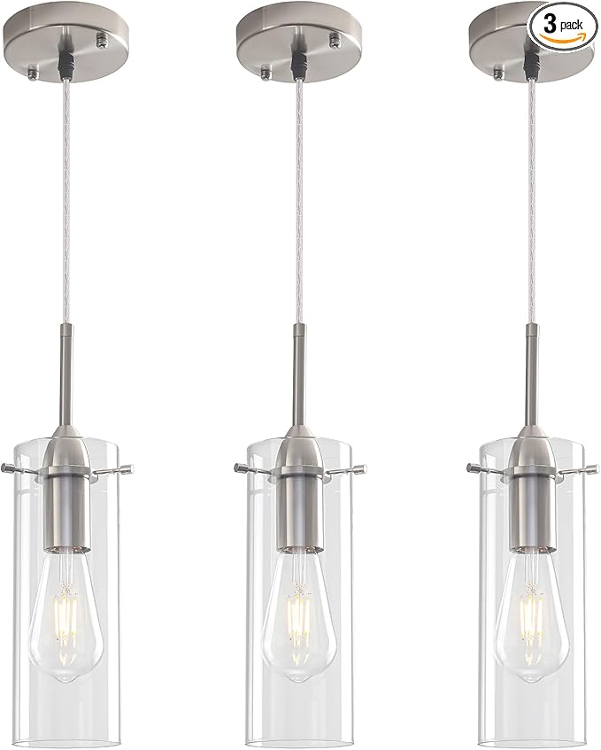 Glass Pendant Lights Kitchen Island 3 Packs, Brushed Nickel Kitchen Pendant Light, Modern Clear Glass Pendant Light Fixture, Hanging Pendant Lights for Kitchen Island Dining Room Hallway