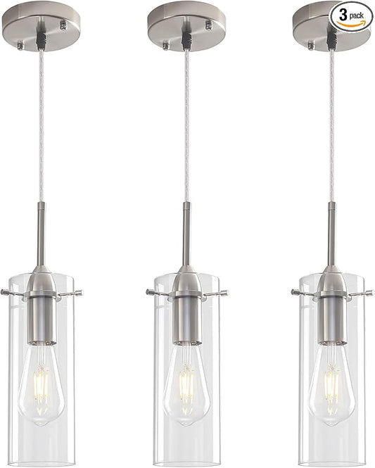 Glass Pendant Lights Kitchen Island 3 Packs, Brushed Nickel Kitchen Pendant Light, Modern Clear Glass Pendant Light Fixture, Hanging Pendant Lights for Kitchen Island Dining Room Hallway