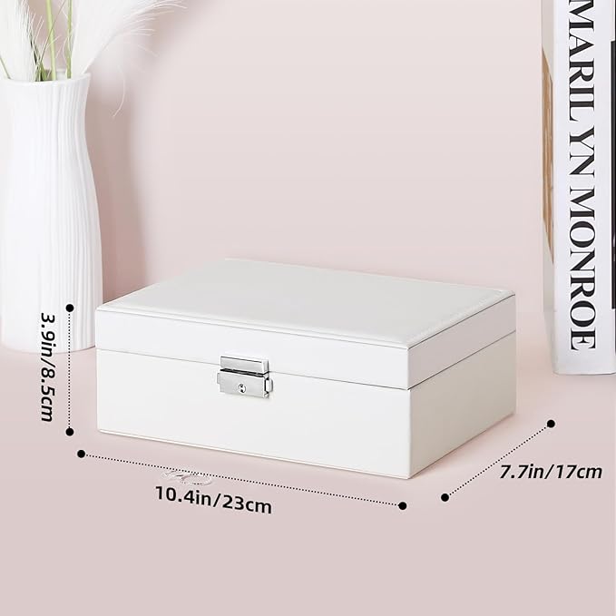 White Jewelry Box 2 Layer Jewelry Box 10.4 x 7.7 x 3.9 Inches Jewelry Organizer Tray for Earrings Bracelets Rings Watches (White)