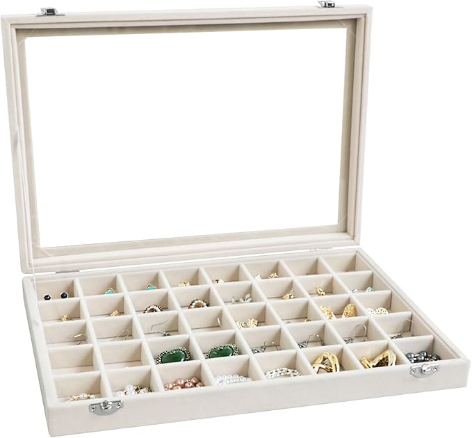 Wudygirl Large Jewelry Organizer Box with 40 Compartments Earring Holder Organizer Velvet Ring Display and Necklace Storage Tray Jewelry Box for Women (Beige Velvet)