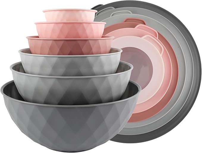 COOK WITH COLOR Mixing Bowls with Lids - 12 Piece Plastic Nesting Bowls Set includes 6 Prep Bowls and 6 Lids, Diamond Design - Microwave Safe (Mint)